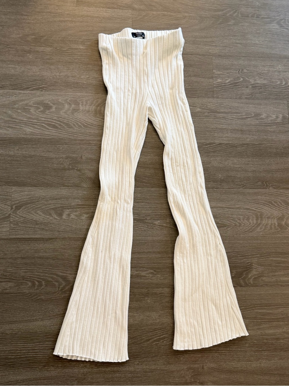 Bershka Cream Ribbed Flared Knit Pants